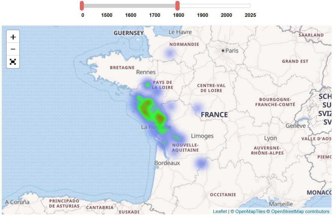 Répartition du patronyme Angibaud avant 1800